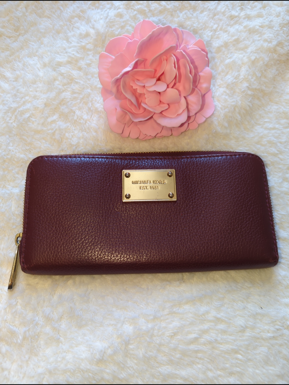 Michael Kors Burgundy Bordeaux Wine Zip-Around Leather Wallet with Gold Plate